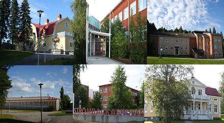 Kollage med fotografier från Strömbackaskolans olika byggnader