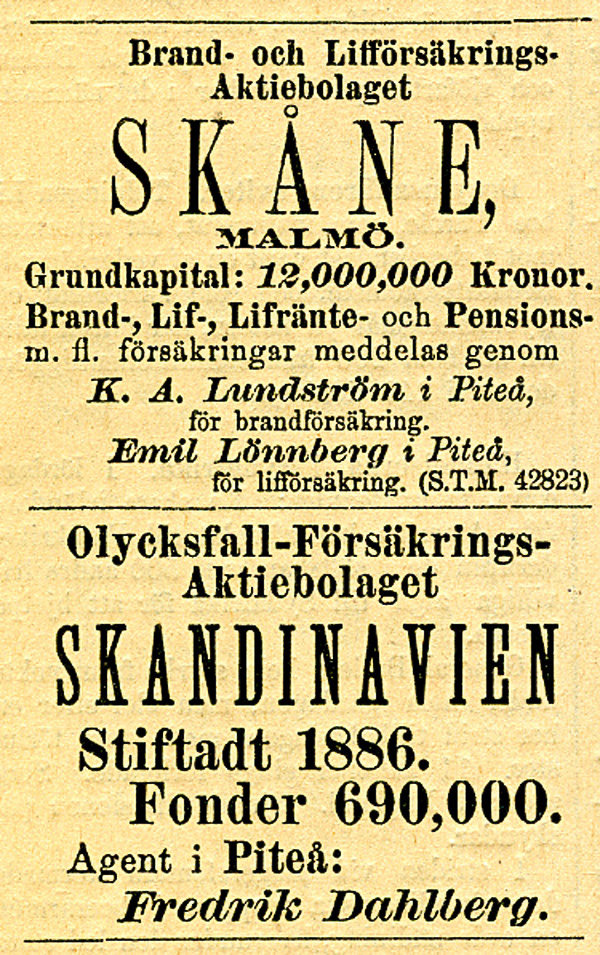 När nyheter nådde Piteå - Annonser från försäkringsbolag