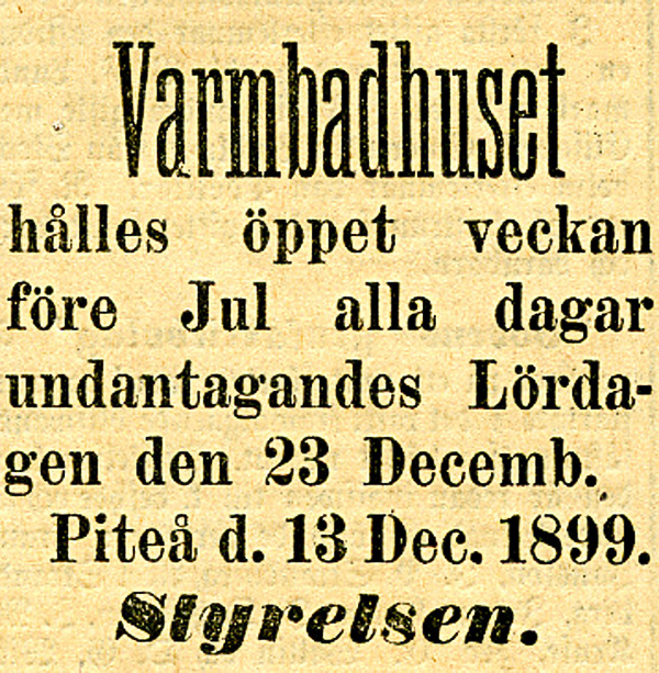 När nyheter nådde Piteå - Annons om Varmbadhusets julöppettider