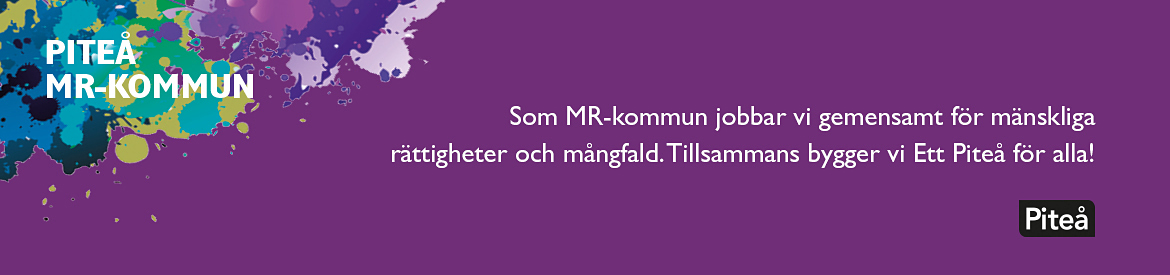 Lila bakgrund med texten: Piteå MR-kommun. Som MR-kommun jobbar vi gemensamt för mänskliga rättigheter och mångfald. Tillsammans bygger vi Ett Piteå för alla! 