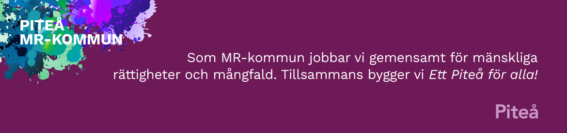 Lila bakgrund med texten: Piteå MR-kommun. Som MR-kommun jobbar vi gemensamt för mänskliga rättigheter och mångfald. Tillsammans bygger vi Ett Piteå för alla! 