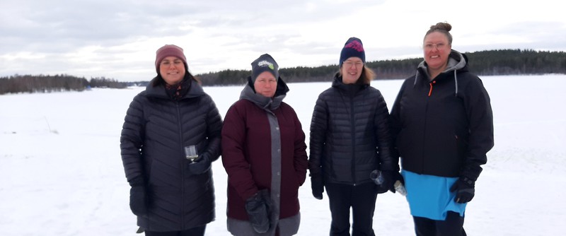 Fyra olika professioner som arbetar tillsammans, ofta med samma patienter. Från vänster; distriktssköterskan Sara Andersson, undersköterskan Therese Alm, stöd- och omsorgssköterskan Margareta Lundgren och Rut Vikström, arbetsterapeut vid hemsjukvårdens rehabenhet.