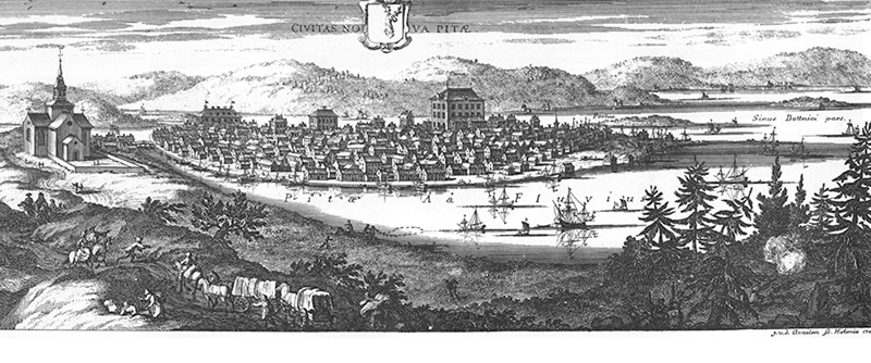 Bild över Piteå från Suecian, ett topografiskt planschverk med koppargravyrer över stormaktstidens Sverige på 1600-talet.