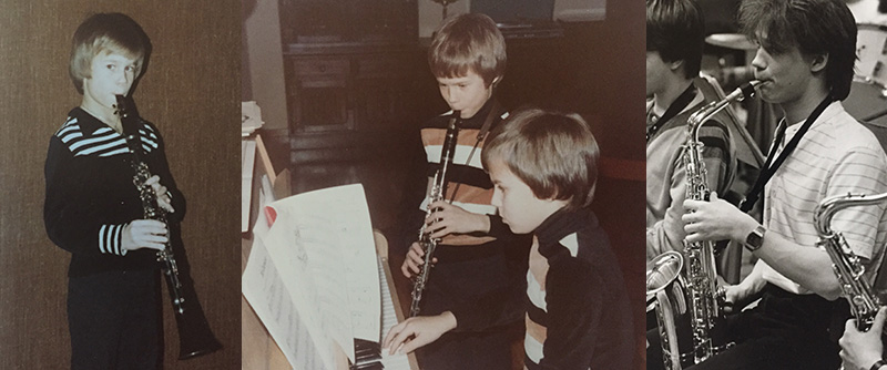 Anders Norén började spela instrument som nio-åring. I mittenbilden kompar hans bror på piano.
