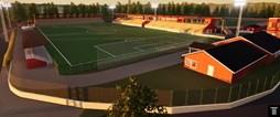 Målet är att utveckla LF Arena till en modern och mångsidig idrottsanläggning som möter behoven för såväl fotboll som ishockey och andra sporter. Arkitektbild: Tengbom 