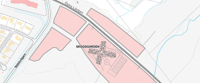 Karta som visar Skogsgårdens placering intill den planerade nya vägen Östra Länken.