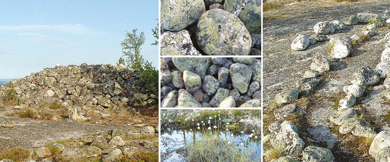 Högst upp på Sandholmsberget tronar ett bronsåldersröse. Intill finns en labyrint - kanske lagd av medeltida fiskare.