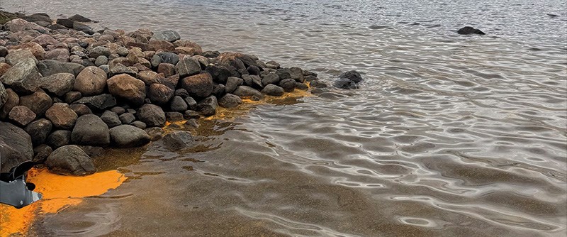 Vid Harrbäcksfjärden syntes en orange massa längs strandkanten i förra veckan.