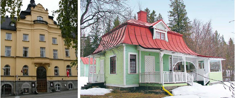 Jugendstilen - Brutna tak med svängda former, fönster med småspröjsiga rutor och brokvistar med spröda ribbor.