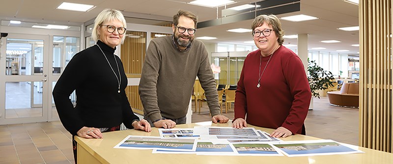 Agneta Nilsson Vaara, Florian Steiner och Anna-Sara Fenander har samarbetat kring läroverkets nya färgsättning.